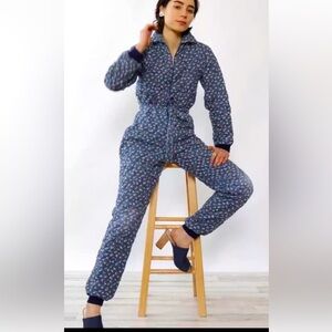 Vintage 1970's Wiman Quilted Retro Floral Jumpsuit Women Medium Blue